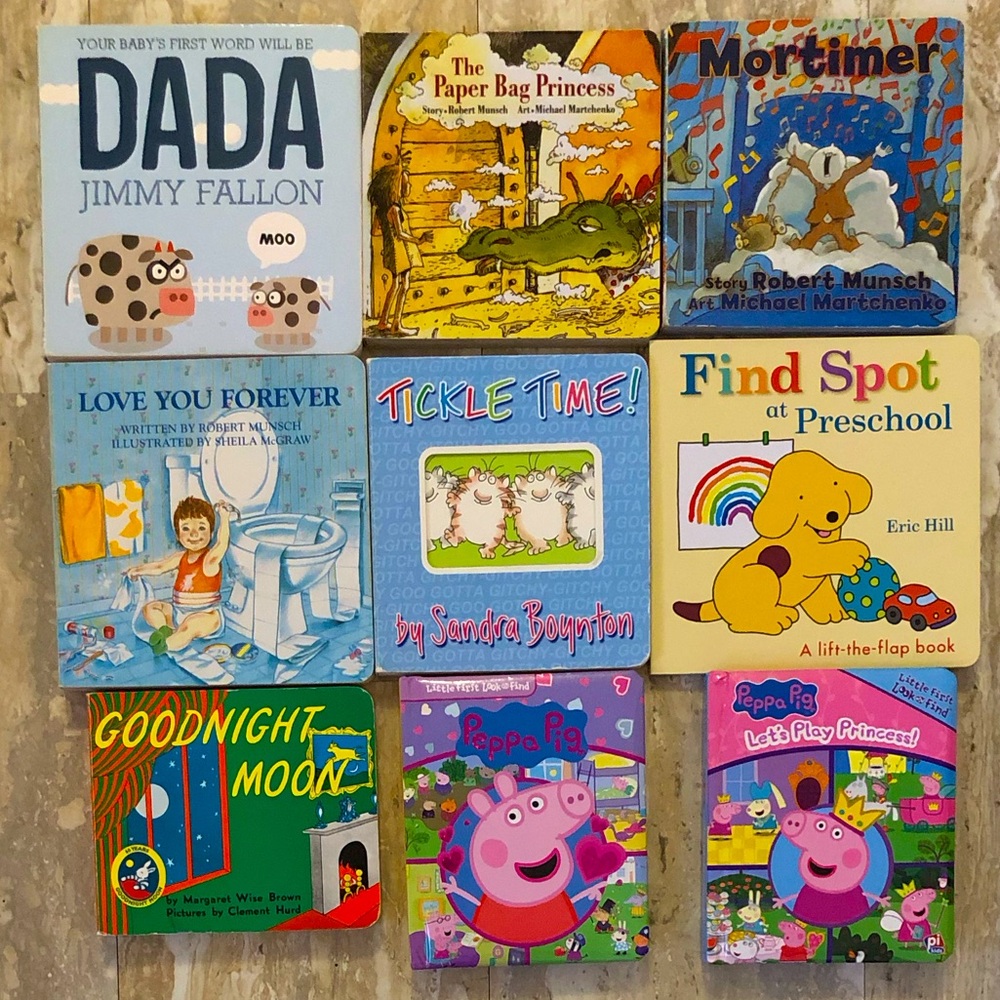 9 Board Books: R Munsch, J Fallon DADA, Peppa  Pig, Find Spot, Goodnight Moon+